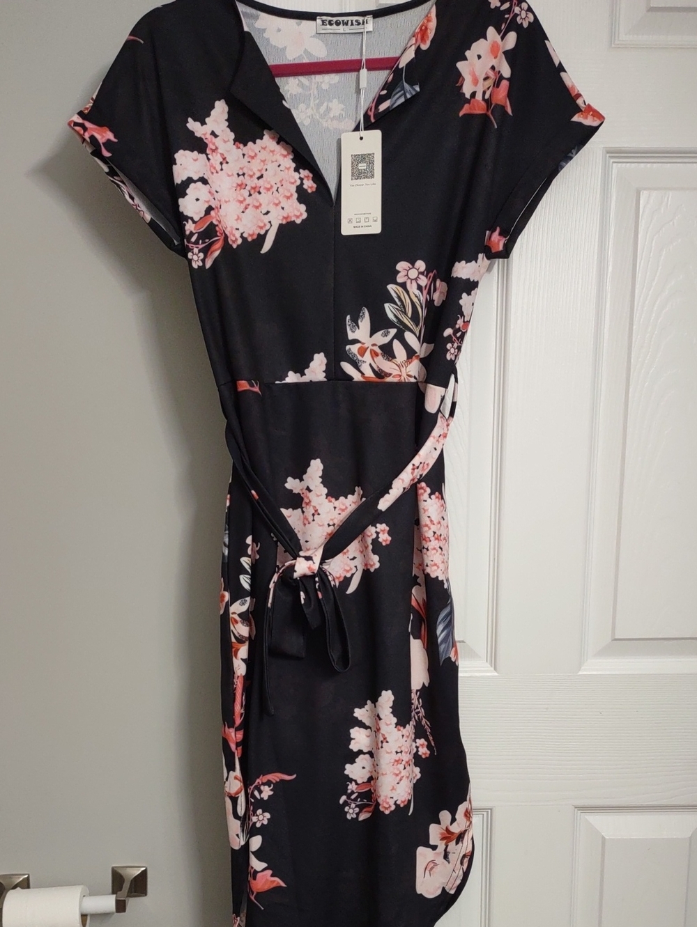 Ecowish Black Floral Midi Dress with Tie Waist